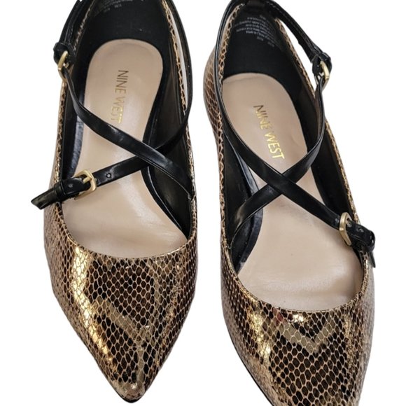 ❤️Host Pick❤️NINE WEST- Gold Reptile Cross Strap Pointy Toe Leather Flats SZ 5… - Picture 1 of 5